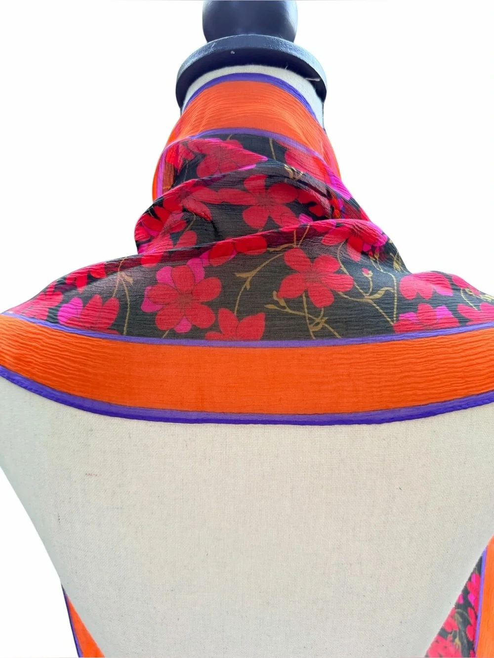 Kenzo Paris Silk Chiffon Floral Scarf Orange Pink Black Hand Rolled Hem